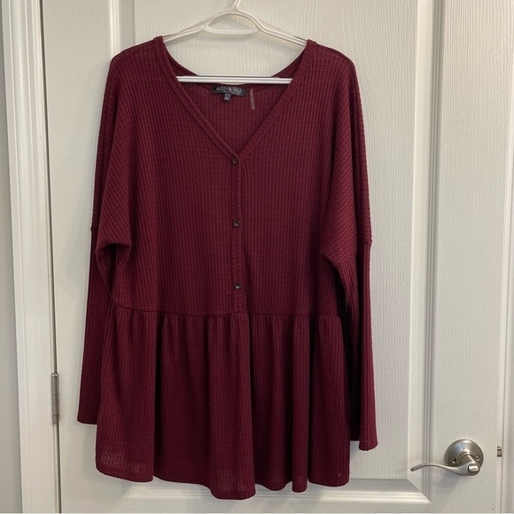 Glitzy Girlz Tops - Babydoll Waffle Knit Top With Long Sleeves